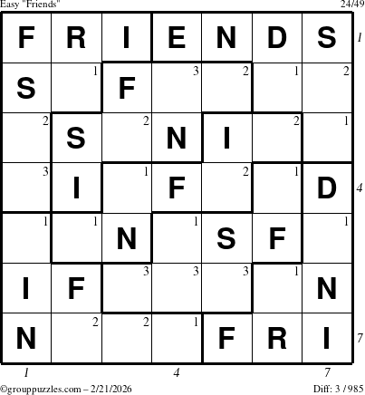The grouppuzzles.com Easy Friends puzzle for Saturday February 21, 2026, suitable for printing, with all 3 steps marked