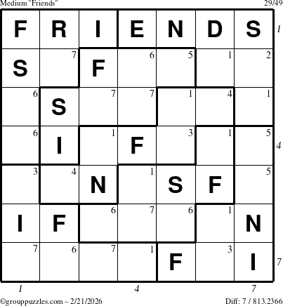 The grouppuzzles.com Medium Friends puzzle for Saturday February 21, 2026, suitable for printing, with all 7 steps marked