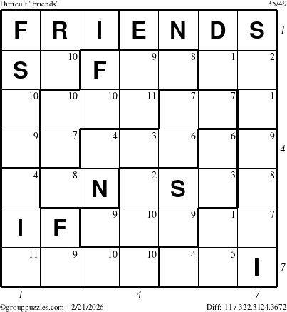 The grouppuzzles.com Difficult Friends puzzle for Saturday February 21, 2026, suitable for printing, with all 11 steps marked