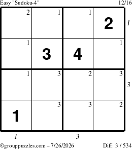 The grouppuzzles.com Easy Sudoku-4 puzzle for Sunday July 26, 2026, suitable for printing, with all 3 steps marked