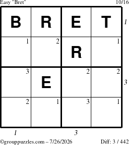 The grouppuzzles.com Easy Bret puzzle for Sunday July 26, 2026, suitable for printing, with all 3 steps marked