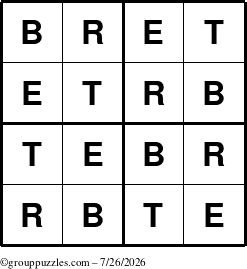The grouppuzzles.com Answer grid for the Bret puzzle for Sunday July 26, 2026