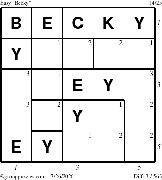 The grouppuzzles.com Easy Becky puzzle for Sunday July 26, 2026, suitable for printing, with all 3 steps marked