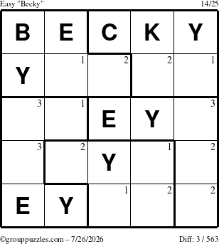 The grouppuzzles.com Easy Becky puzzle for Sunday July 26, 2026 with the first 3 steps marked