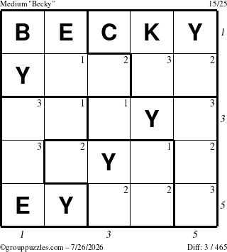 The grouppuzzles.com Medium Becky puzzle for Sunday July 26, 2026 with all 3 steps marked