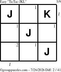 The grouppuzzles.com Easy TicTac-JKL puzzle for Sunday July 26, 2026, suitable for printing, with all 2 steps marked