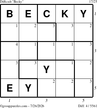 The grouppuzzles.com Difficult Becky puzzle for Sunday July 26, 2026 with all 4 steps marked