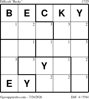 The grouppuzzles.com Difficult Becky puzzle for Sunday July 26, 2026 with the first 3 steps marked