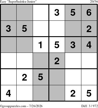 The grouppuzzles.com Easy SuperSudoku-Junior puzzle for Sunday July 26, 2026