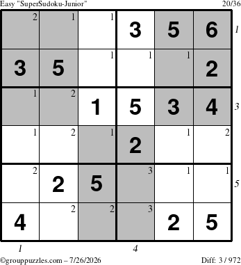 The grouppuzzles.com Easy SuperSudoku-Junior puzzle for Sunday July 26, 2026 with all 3 steps marked
