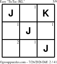 The grouppuzzles.com Easy TicTac-JKL puzzle for Sunday July 26, 2026 with the first 2 steps marked