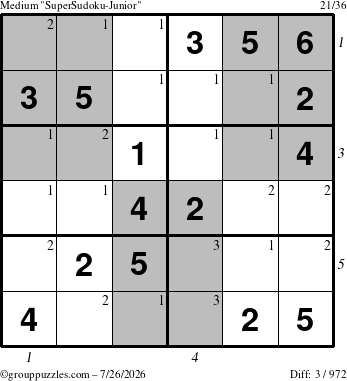 The grouppuzzles.com Medium SuperSudoku-Junior puzzle for Sunday July 26, 2026, suitable for printing, with all 3 steps marked