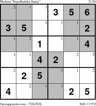 The grouppuzzles.com Medium SuperSudoku-Junior puzzle for Sunday July 26, 2026 with the first 3 steps marked