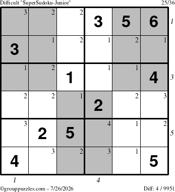 The grouppuzzles.com Difficult SuperSudoku-Junior puzzle for Sunday July 26, 2026, suitable for printing, with all 4 steps marked