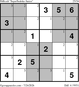 The grouppuzzles.com Difficult SuperSudoku-Junior puzzle for Sunday July 26, 2026 with the first 3 steps marked