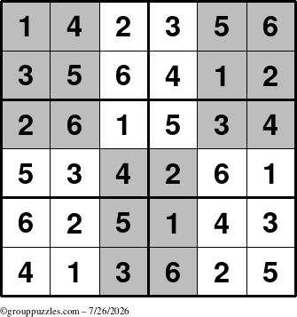 The grouppuzzles.com Answer grid for the SuperSudoku-Junior puzzle for Sunday July 26, 2026