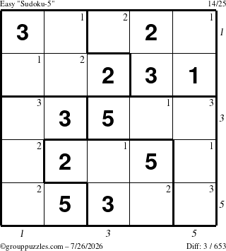 The grouppuzzles.com Easy Sudoku-5 puzzle for Sunday July 26, 2026, suitable for printing, with all 3 steps marked