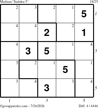 The grouppuzzles.com Medium Sudoku-5 puzzle for Sunday July 26, 2026, suitable for printing, with all 4 steps marked