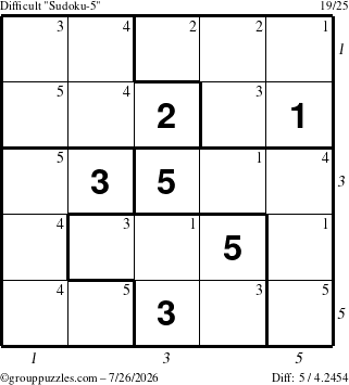 The grouppuzzles.com Difficult Sudoku-5 puzzle for Sunday July 26, 2026, suitable for printing, with all 5 steps marked