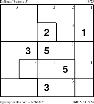 The grouppuzzles.com Difficult Sudoku-5 puzzle for Sunday July 26, 2026 with the first 3 steps marked