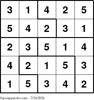 The grouppuzzles.com Answer grid for the Sudoku-5 puzzle for Sunday July 26, 2026