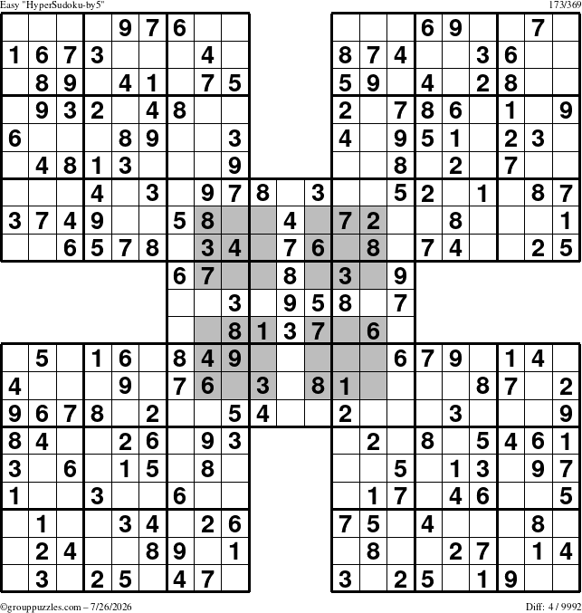 The grouppuzzles.com Easy HyperSudoku-by5 puzzle for Sunday July 26, 2026