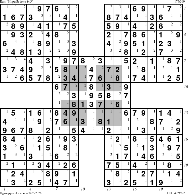 The grouppuzzles.com Easy HyperSudoku-by5 puzzle for Sunday July 26, 2026 with all 4 steps marked