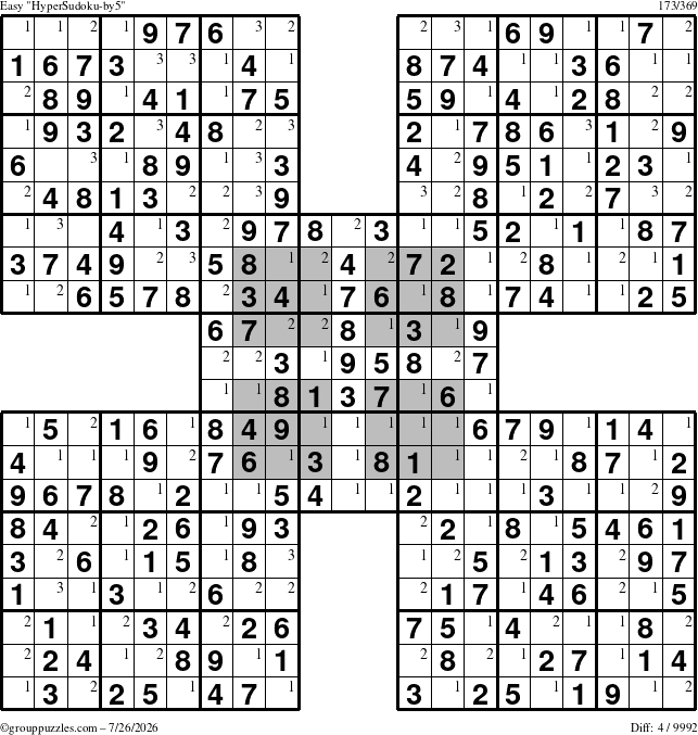 The grouppuzzles.com Easy HyperSudoku-by5 puzzle for Sunday July 26, 2026 with the first 3 steps marked