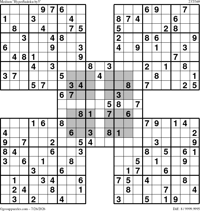 The grouppuzzles.com Medium HyperSudoku-by5 puzzle for Sunday July 26, 2026