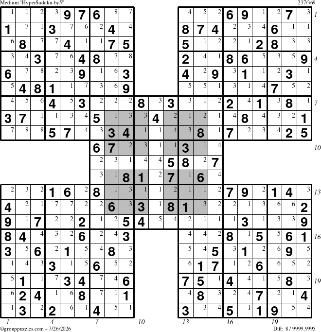 The grouppuzzles.com Medium HyperSudoku-by5 puzzle for Sunday July 26, 2026 with all 8 steps marked
