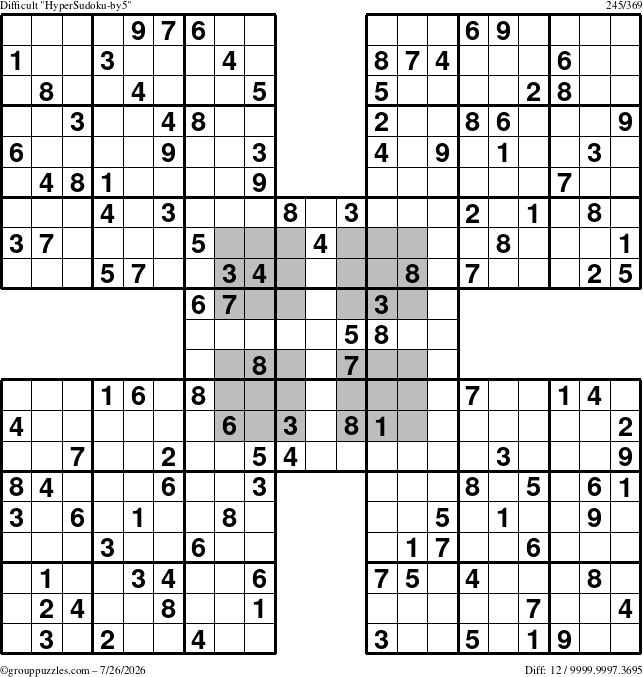 The grouppuzzles.com Difficult HyperSudoku-by5 puzzle for Sunday July 26, 2026