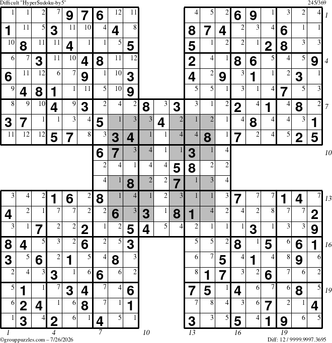 The grouppuzzles.com Difficult HyperSudoku-by5 puzzle for Sunday July 26, 2026 with all 12 steps marked