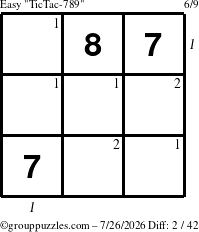 The grouppuzzles.com Easy TicTac-789 puzzle for Sunday July 26, 2026 with all 2 steps marked