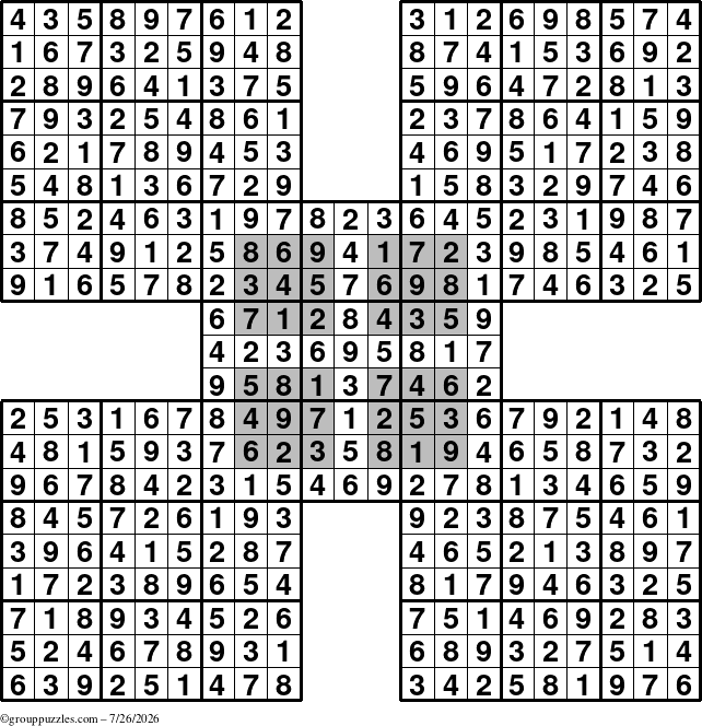 The grouppuzzles.com Answer grid for the HyperSudoku-by5 puzzle for Sunday July 26, 2026