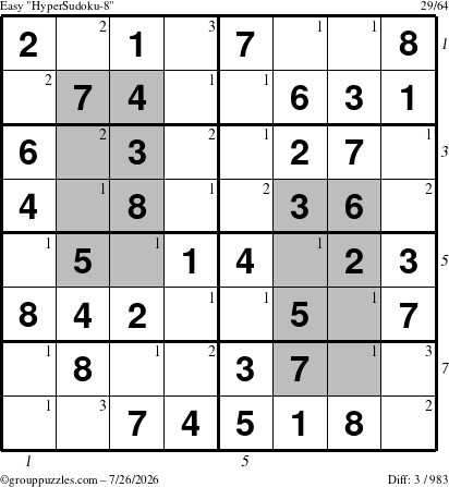 The grouppuzzles.com Easy HyperSudoku-8 puzzle for Sunday July 26, 2026 with all 3 steps marked