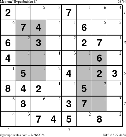 The grouppuzzles.com Medium HyperSudoku-8 puzzle for Sunday July 26, 2026, suitable for printing, with all 6 steps marked