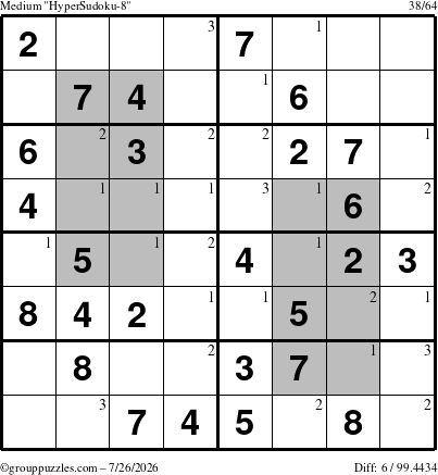 The grouppuzzles.com Medium HyperSudoku-8 puzzle for Sunday July 26, 2026 with the first 3 steps marked
