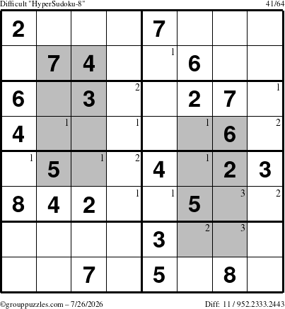 The grouppuzzles.com Difficult HyperSudoku-8 puzzle for Sunday July 26, 2026 with the first 3 steps marked
