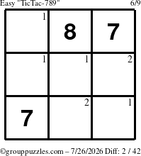The grouppuzzles.com Easy TicTac-789 puzzle for Sunday July 26, 2026 with the first 2 steps marked