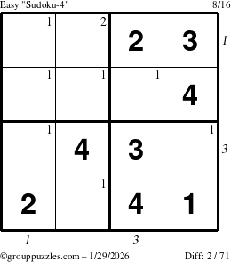 The grouppuzzles.com Easy Sudoku-4 puzzle for Thursday January 29, 2026, suitable for printing, with all 2 steps marked