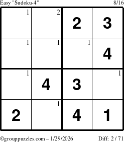 The grouppuzzles.com Easy Sudoku-4 puzzle for Thursday January 29, 2026 with the first 2 steps marked