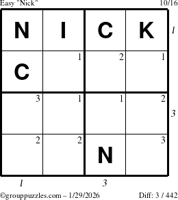 The grouppuzzles.com Easy Nick puzzle for Thursday January 29, 2026, suitable for printing, with all 3 steps marked