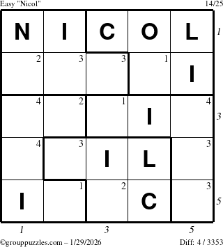 The grouppuzzles.com Easy Nicol puzzle for Thursday January 29, 2026, suitable for printing, with all 4 steps marked