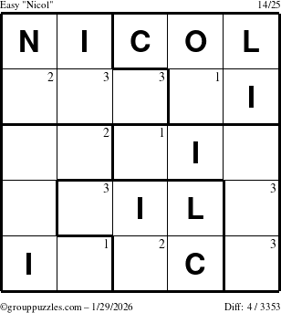 The grouppuzzles.com Easy Nicol puzzle for Thursday January 29, 2026 with the first 3 steps marked