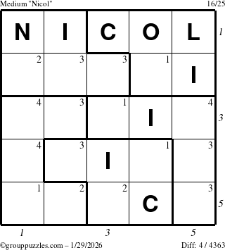 The grouppuzzles.com Medium Nicol puzzle for Thursday January 29, 2026, suitable for printing, with all 4 steps marked