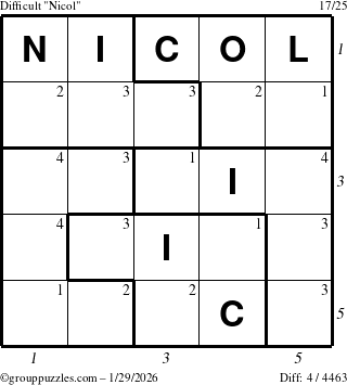 The grouppuzzles.com Difficult Nicol puzzle for Thursday January 29, 2026, suitable for printing, with all 4 steps marked