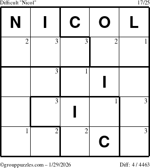 The grouppuzzles.com Difficult Nicol puzzle for Thursday January 29, 2026 with the first 3 steps marked