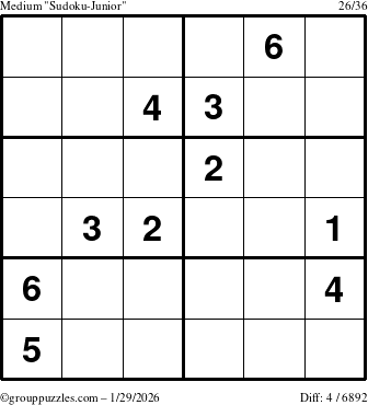 The grouppuzzles.com Medium Sudoku-Junior puzzle for Thursday January 29, 2026