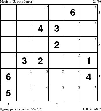 The grouppuzzles.com Medium Sudoku-Junior puzzle for Thursday January 29, 2026 with all 4 steps marked