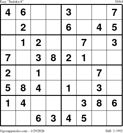 The grouppuzzles.com Easy Sudoku-8 puzzle for Thursday January 29, 2026